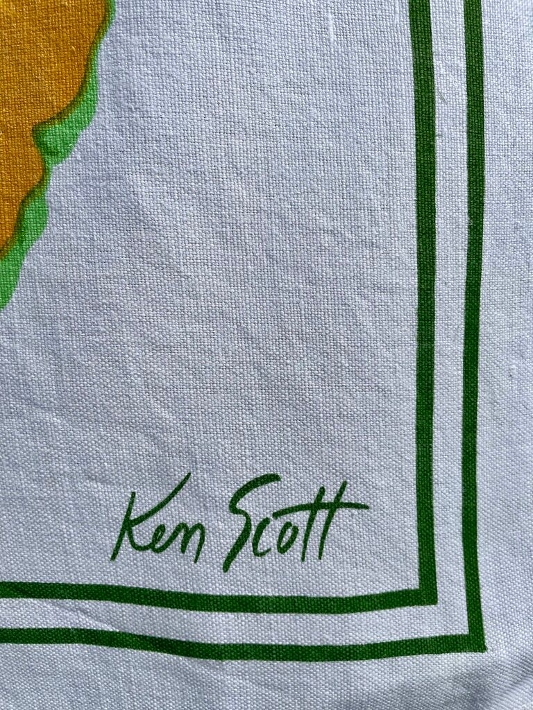 Vintage Zucchi tea towel signed Ken Scott in linen