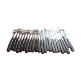 Set of 12 forks and 11 dessert knives from the 1950s. Wooden handles and box.