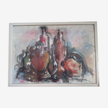 Aquarelle abstraite, nature morte avec bouteilles, dédicacée, Claude Deixonne,