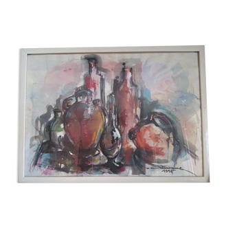 Aquarelle abstraite, nature morte avec bouteilles, dédicacée, Claude Deixonne,