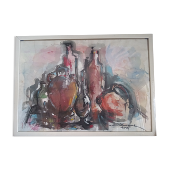 Claude Deixonne, abstract watercolour - Still life with bottles, autographed