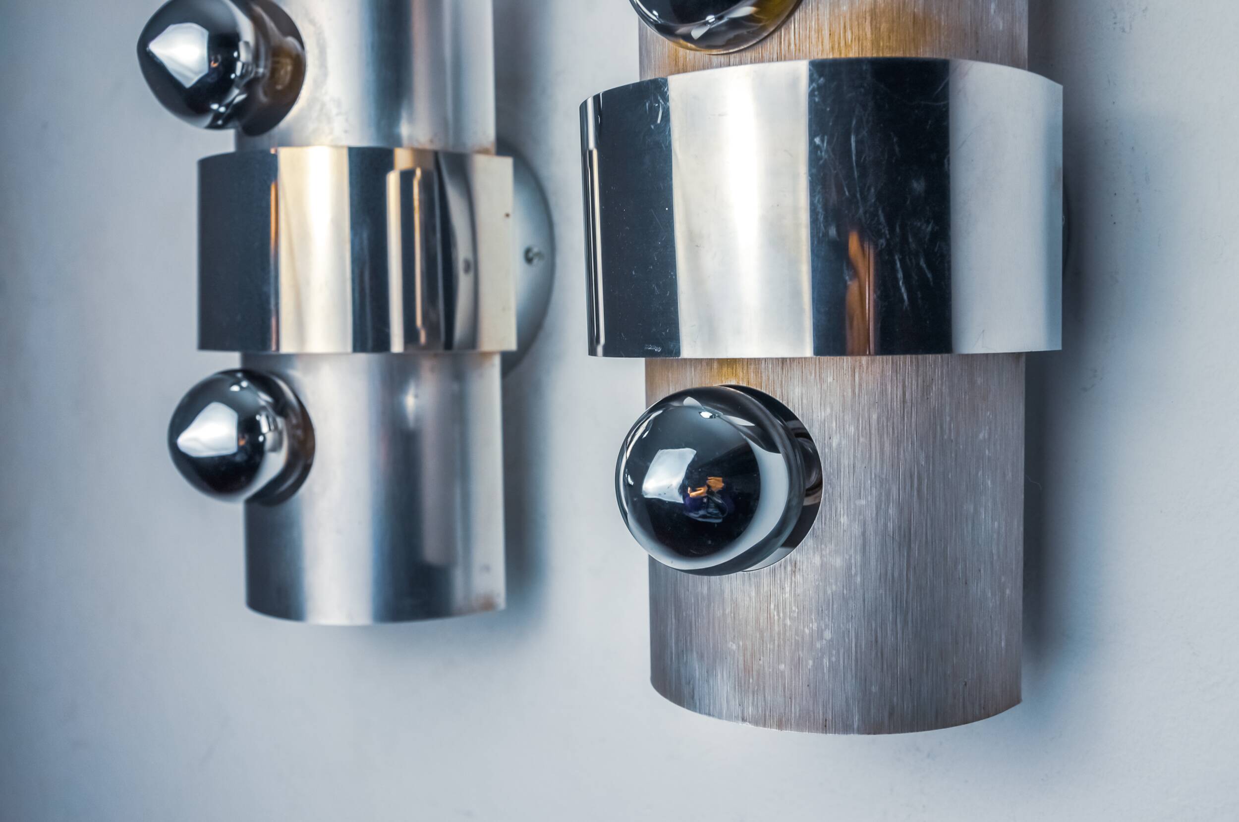 Pair of space age 2-light wall lights, chromed metal, Italy, 1970