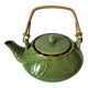 Théière vintage verte à décor de lotus et anse en bambou