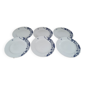 Lot de 6 assiettes plates en porcelaine décor en camaïeu de bleu et poisson volant
