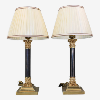 Pair lamp in bronze corinthians patinated lampshade pleated with stripes square foot