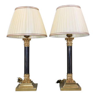 Pair lamp in bronze corinthians patinated lampshade pleated with stripes square foot