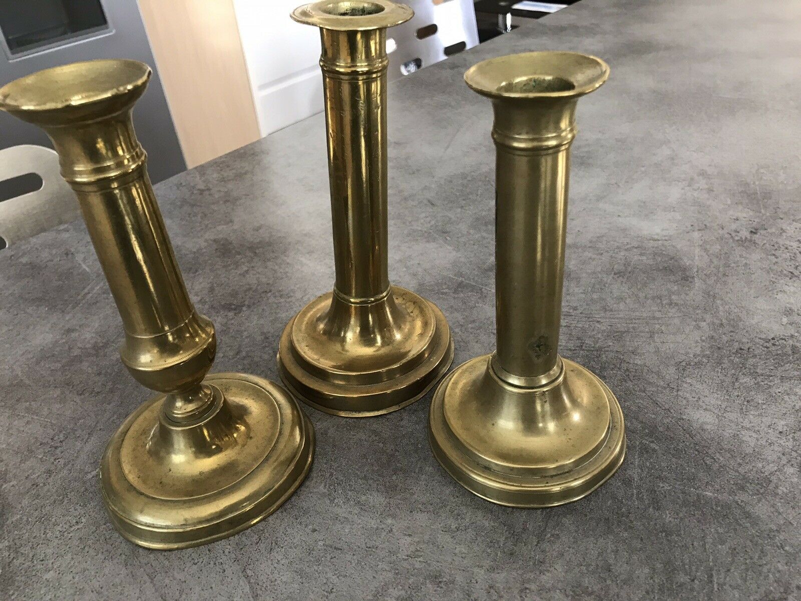 Set of 3 old brass copper zipper candlesticks