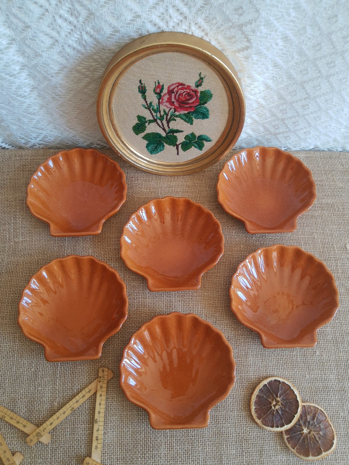 Set of 6 glazed scallop shell ramekins Emile Henry France