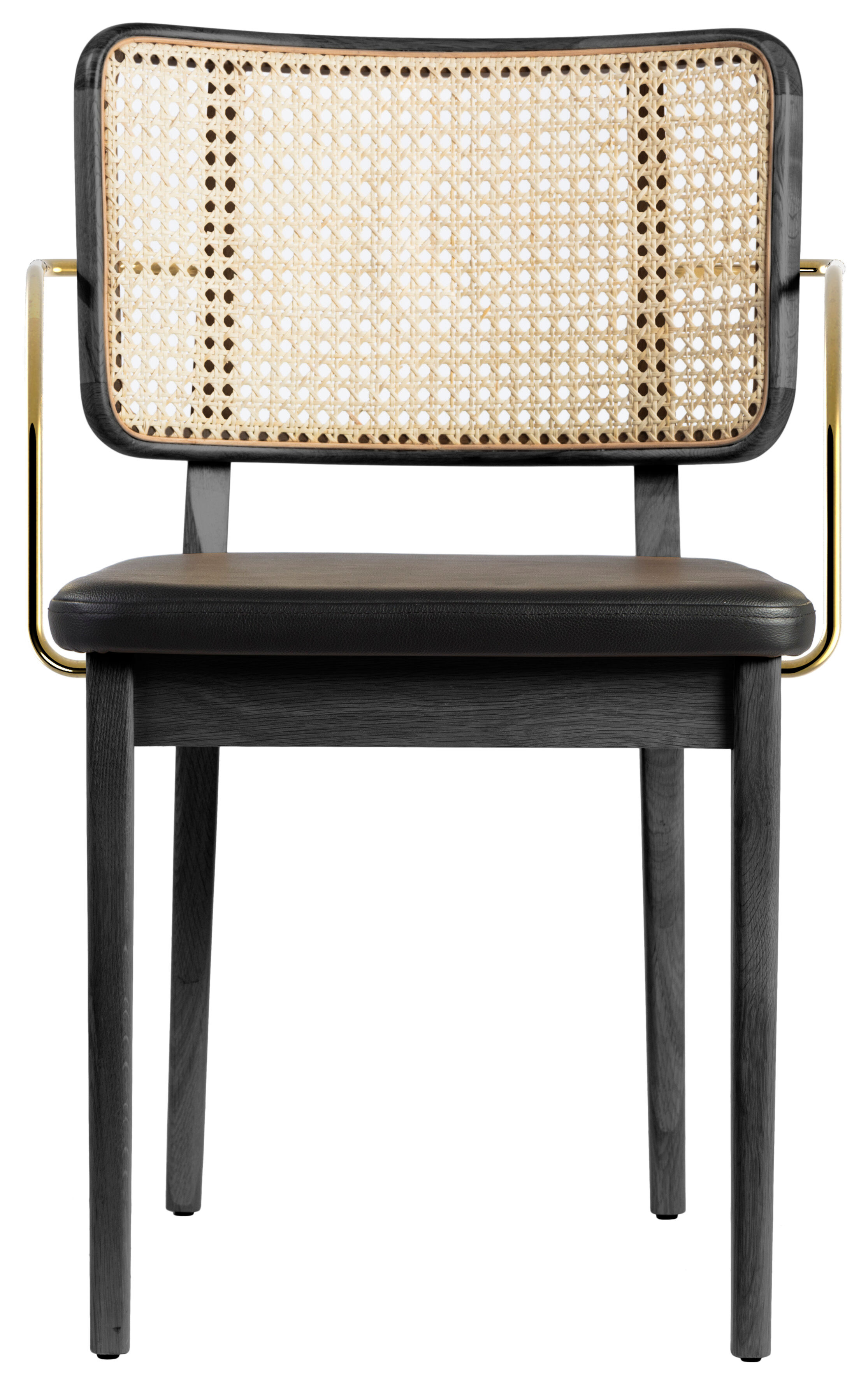 Black leather black wooden cannage chair with armrests