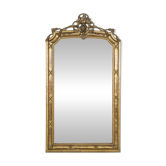Golden wooden mirror in neoclassical style with rope and tassel motif.