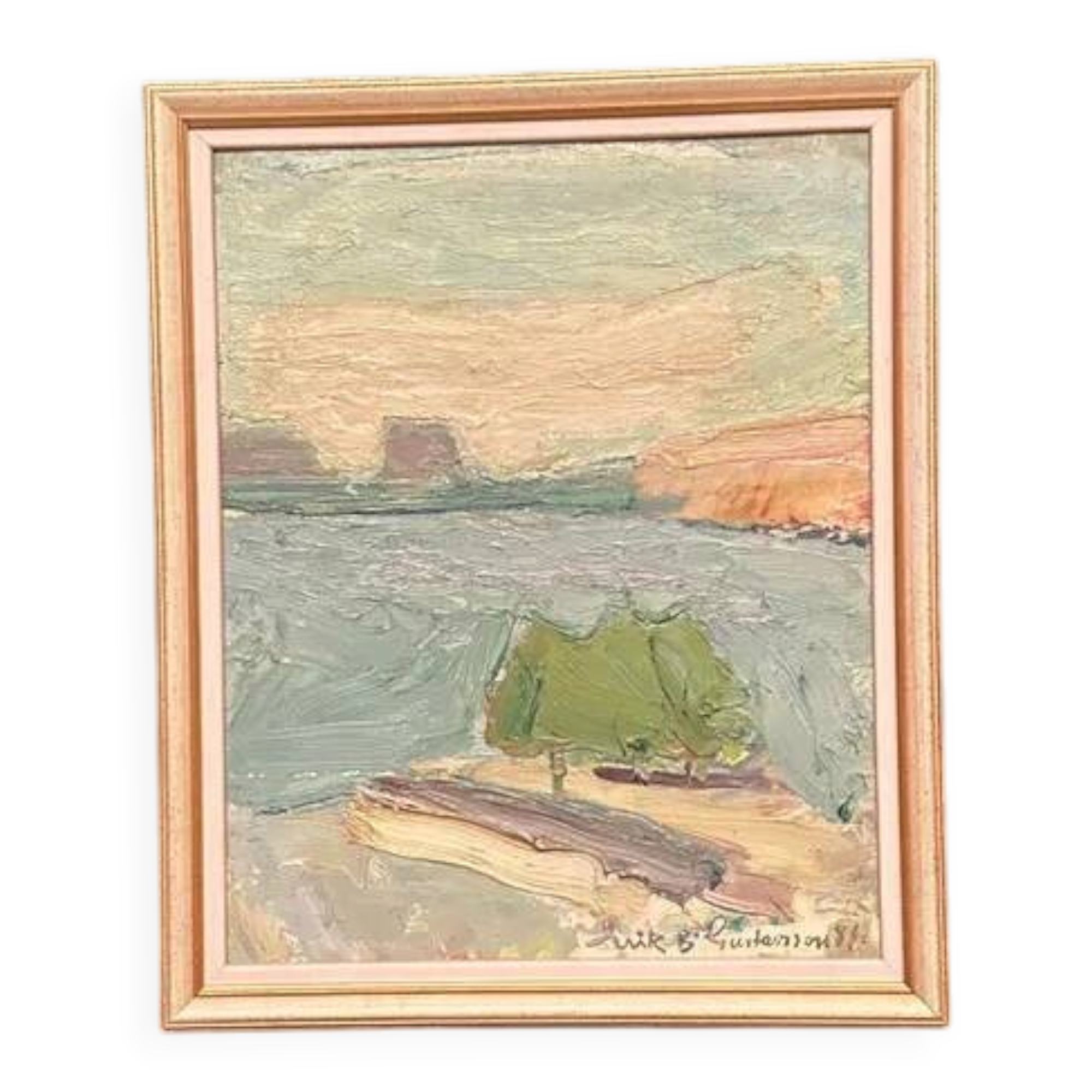 Original Swedish Oil on Canvas – "Coastal Landscape" by Erik Birger Gustavsson – Signed – Dated 1981 – Vintage and Framed – 41 × 33 cm (16.1 × 13 inches)