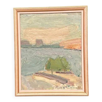 Original Swedish Oil on Canvas – "Coastal Landscape" by Erik Birger Gustavsson – Signed – Dated 1981 – Vintage and Framed – 41 × 33 cm (16.1 × 13 inches)