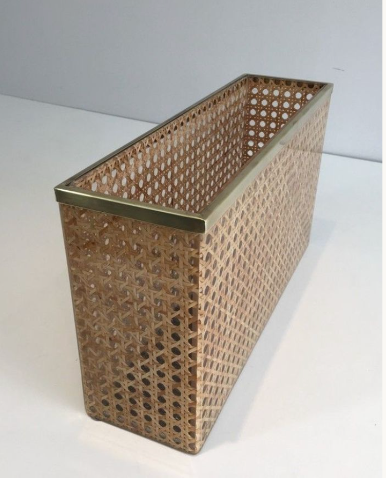 Magazine holder in plexiglass, brass and inlaid cannage