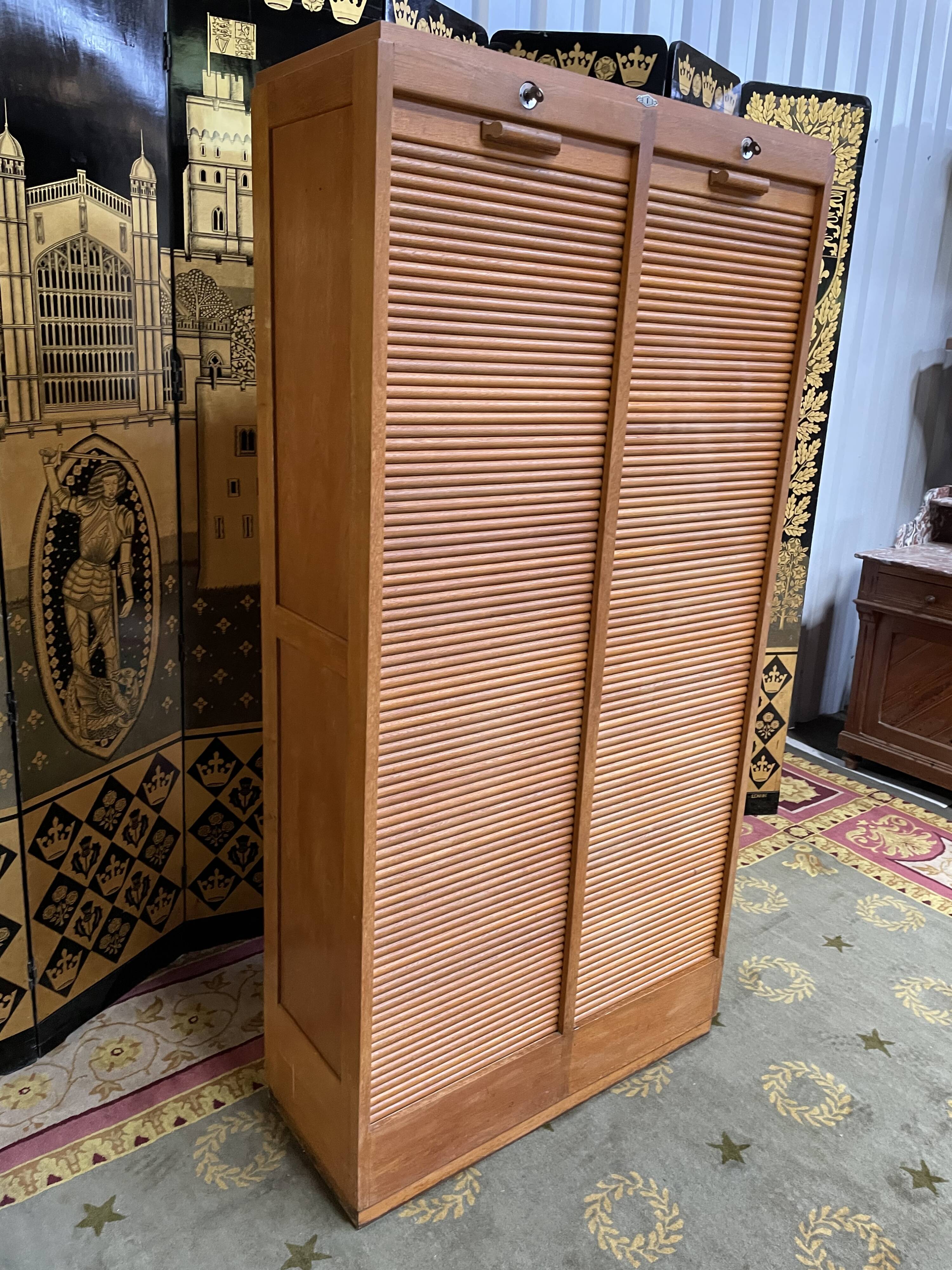 Double filing cabinet with notary curtains in solid oak 1960