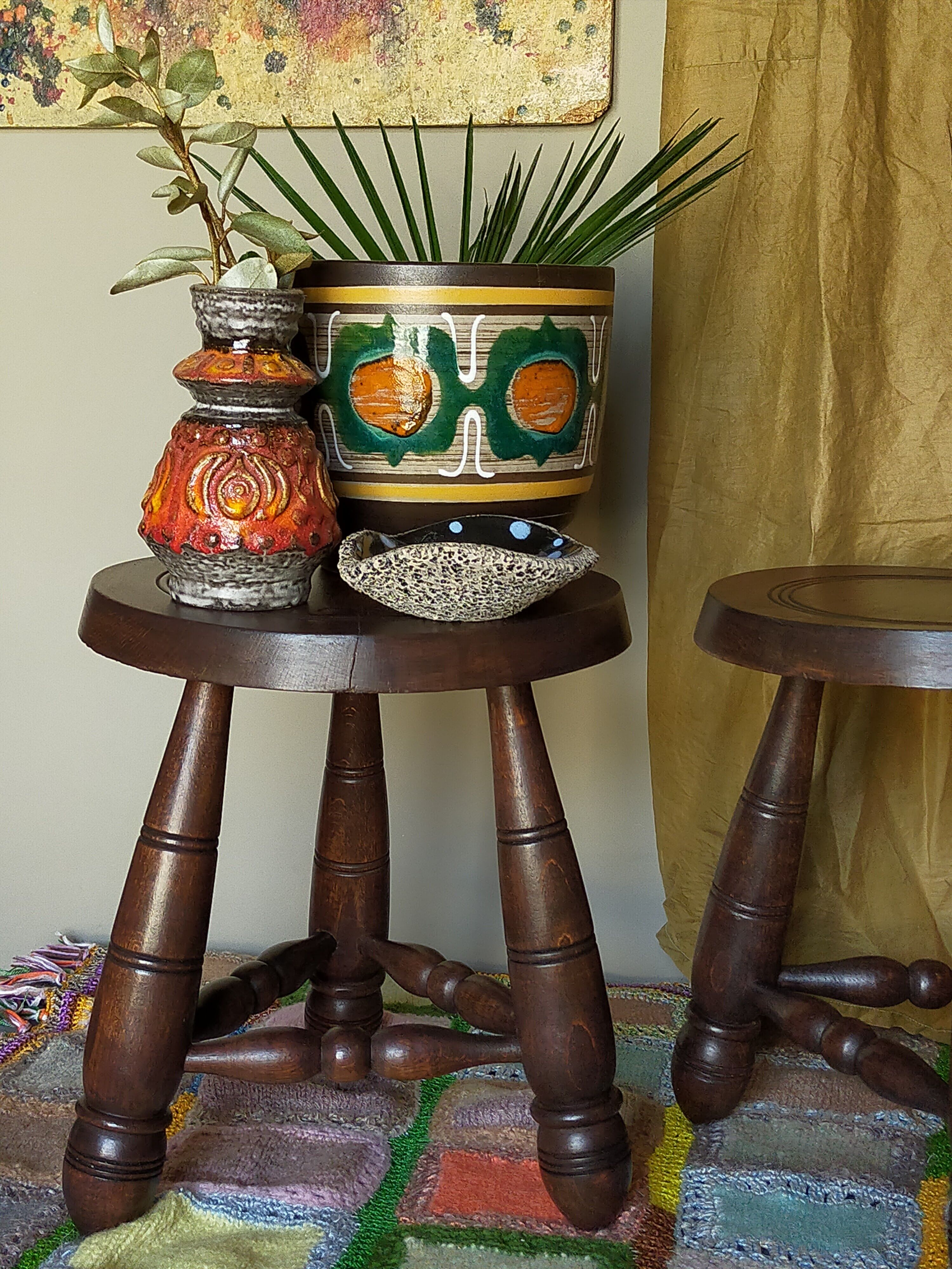 Pair of vintage wooden tripods stools
