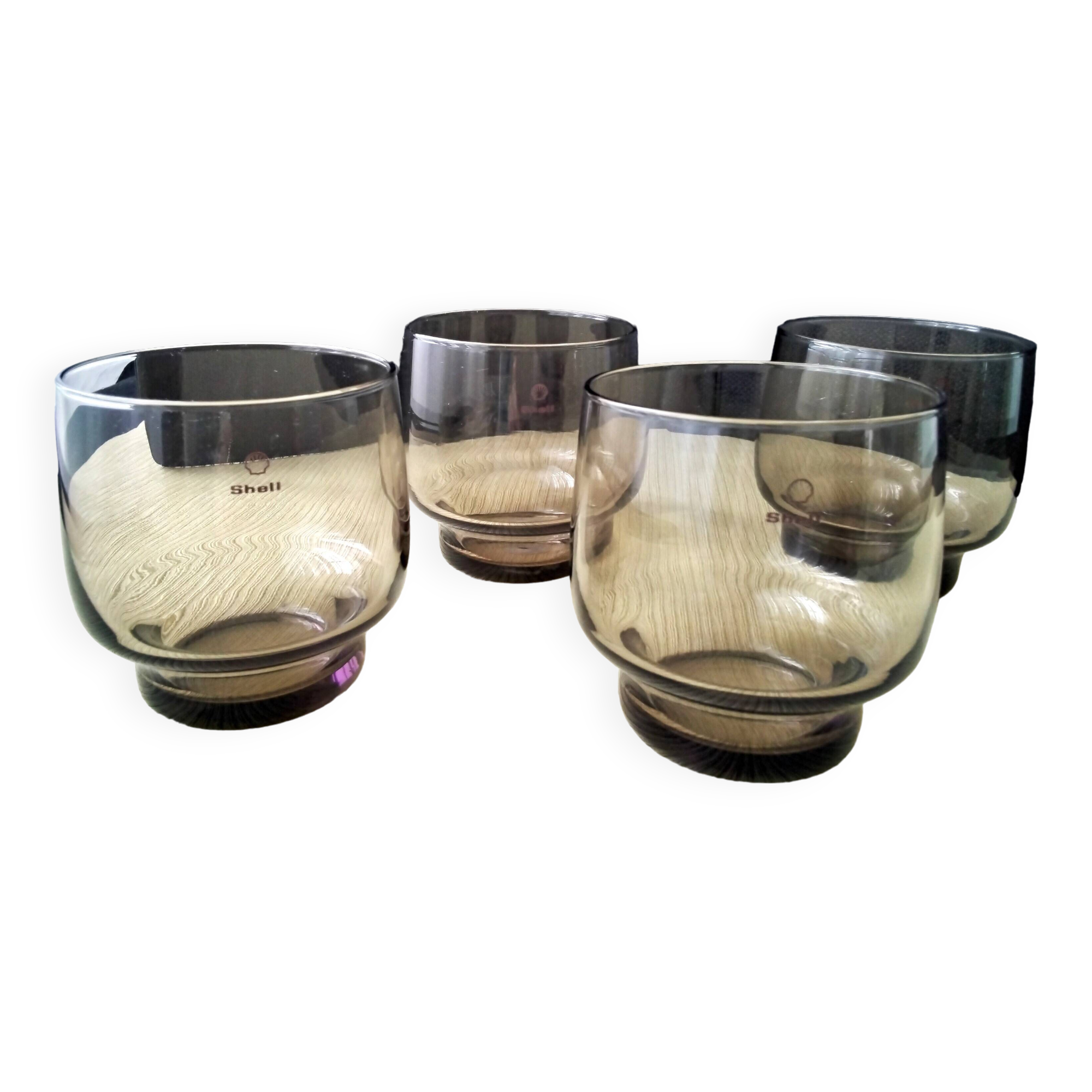 4 vintage shell smoked glass glasses