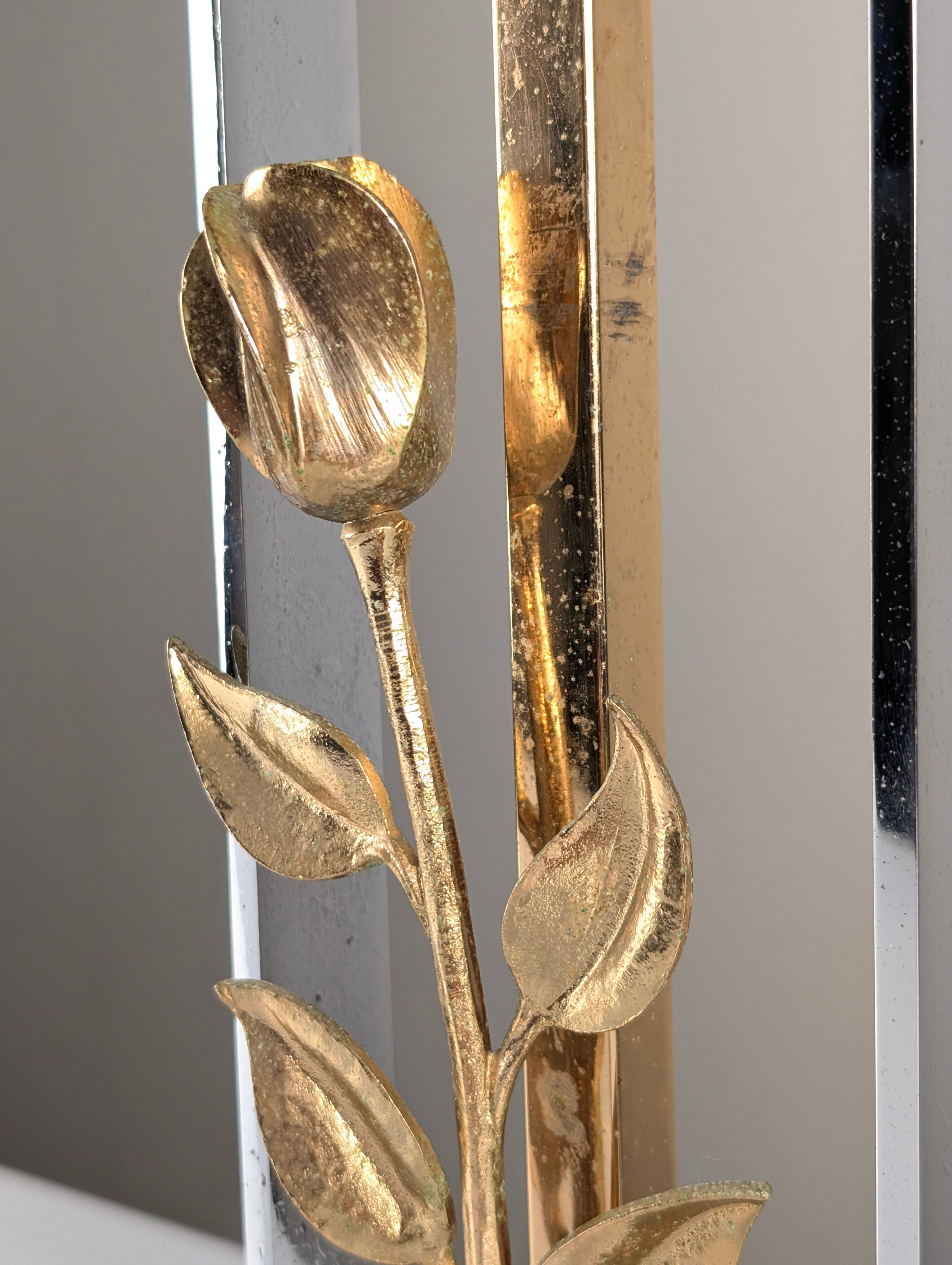 Maison Charles table lamp in chrome and gilt bronze with rose, France, 1970s