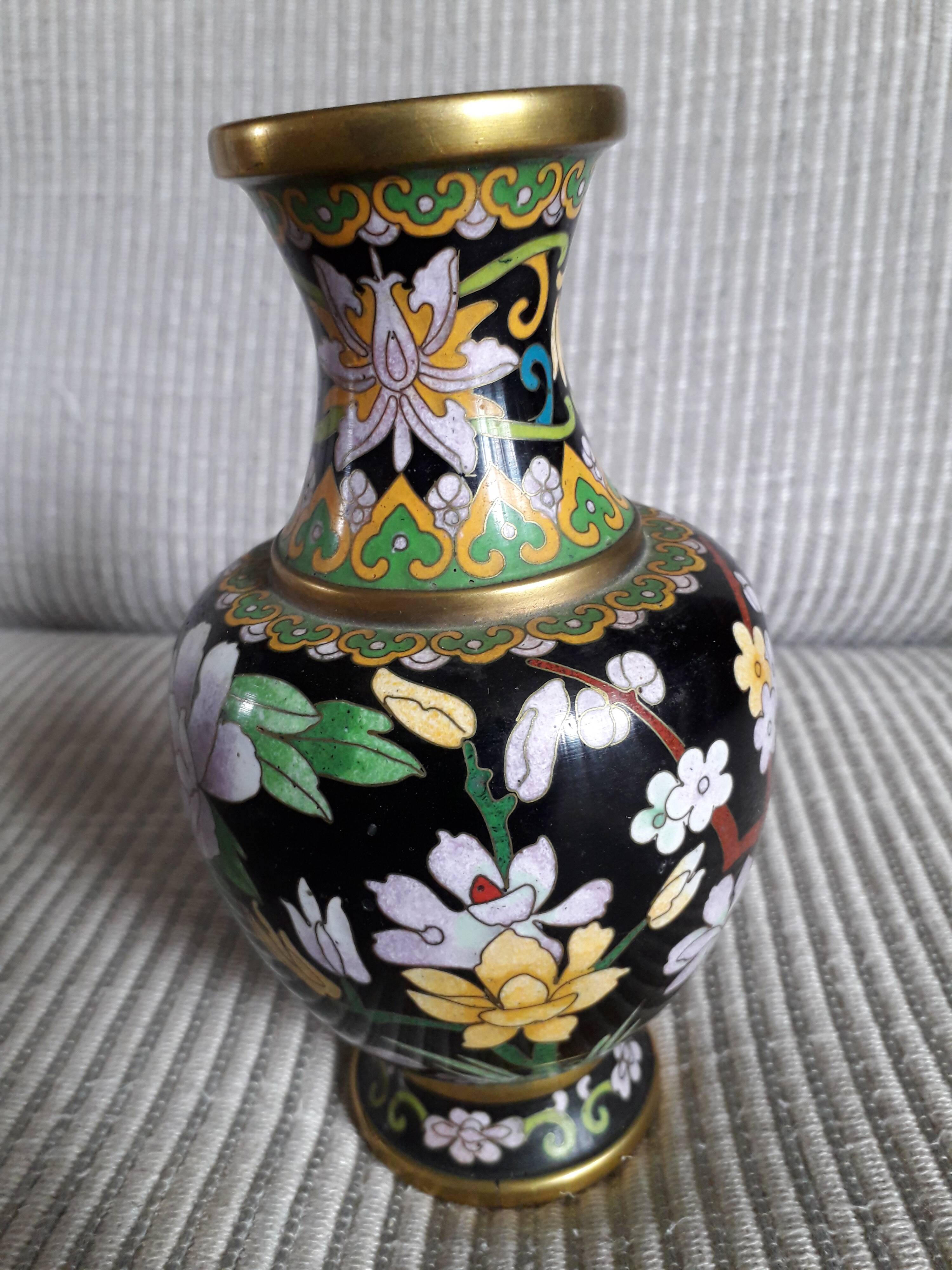 Vintage cloisonné enamel vase with floral and bird decoration