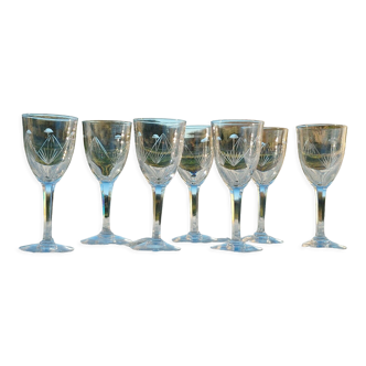 7 White Crystal Cut Wine Glasses Faceted leg Baccarat, Saint Louis ??