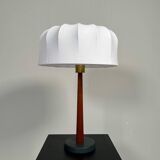 Mid-century teak and cotton table lamp by Einar Bäckström, Sweden, 1950s.