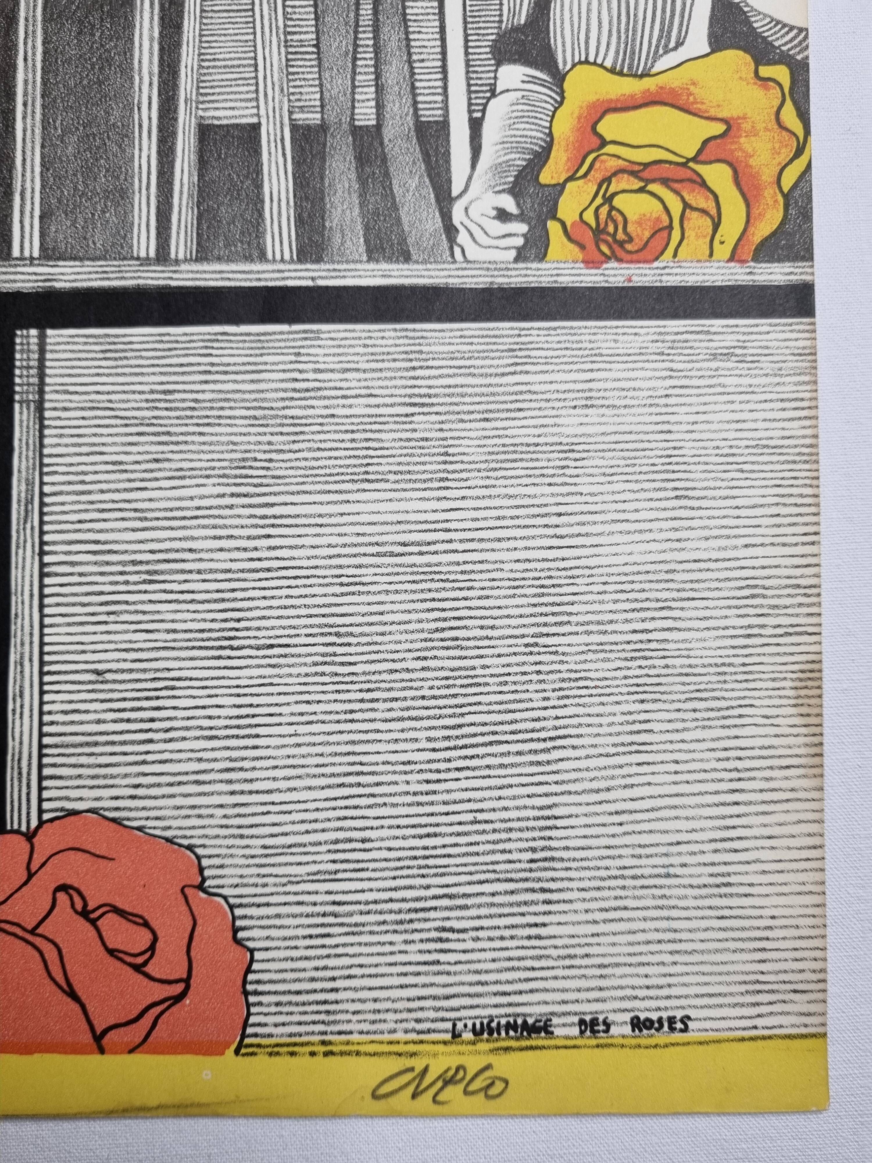 Original lithograph signed after Henri Cueco, "l'usinage des roses", 1969, 64 x 51 cm