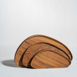 Trio of rounded triangular shaped trays or cups in monoxyl teak