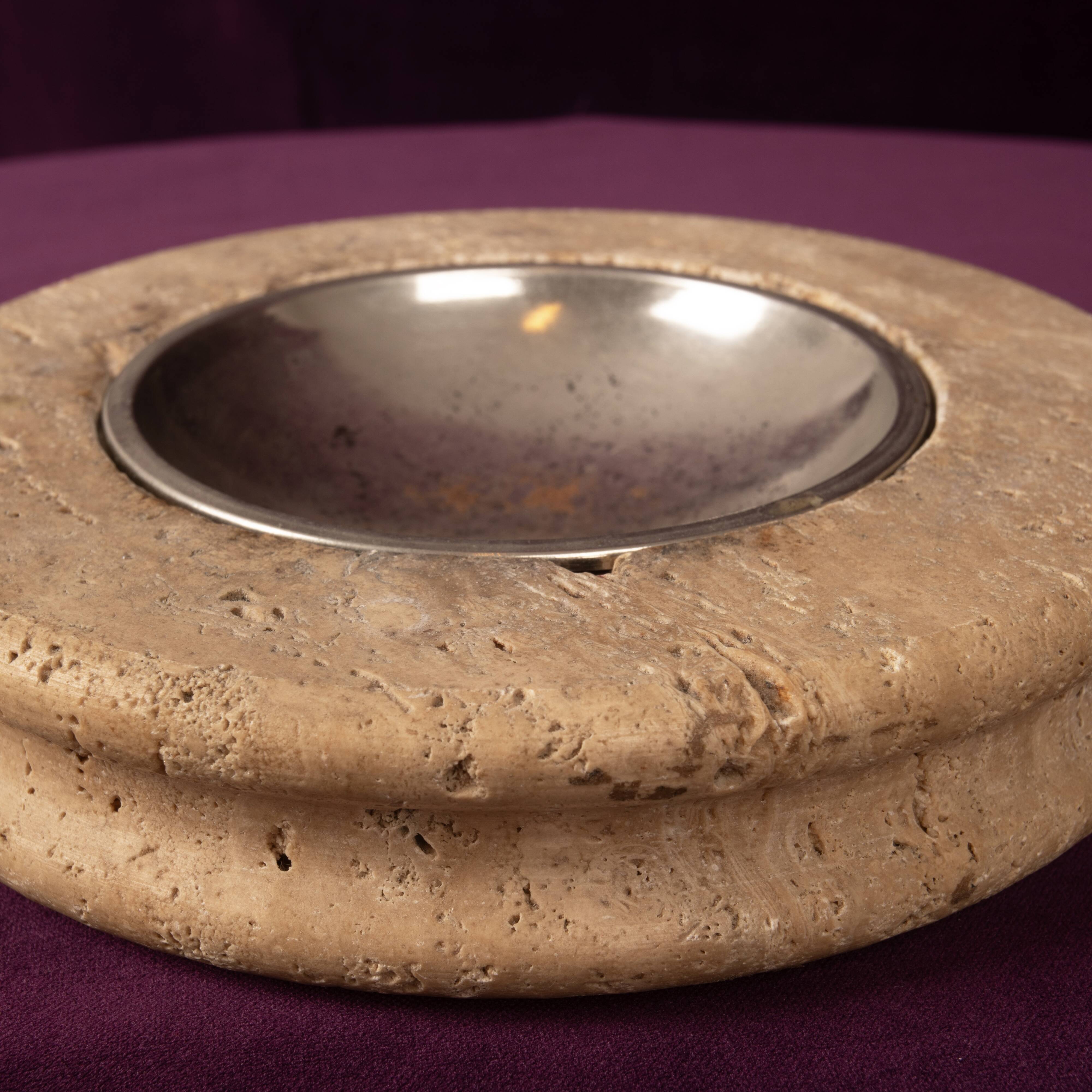 Round Italian Travertine Ashtray with Removable Metal Dish 1970