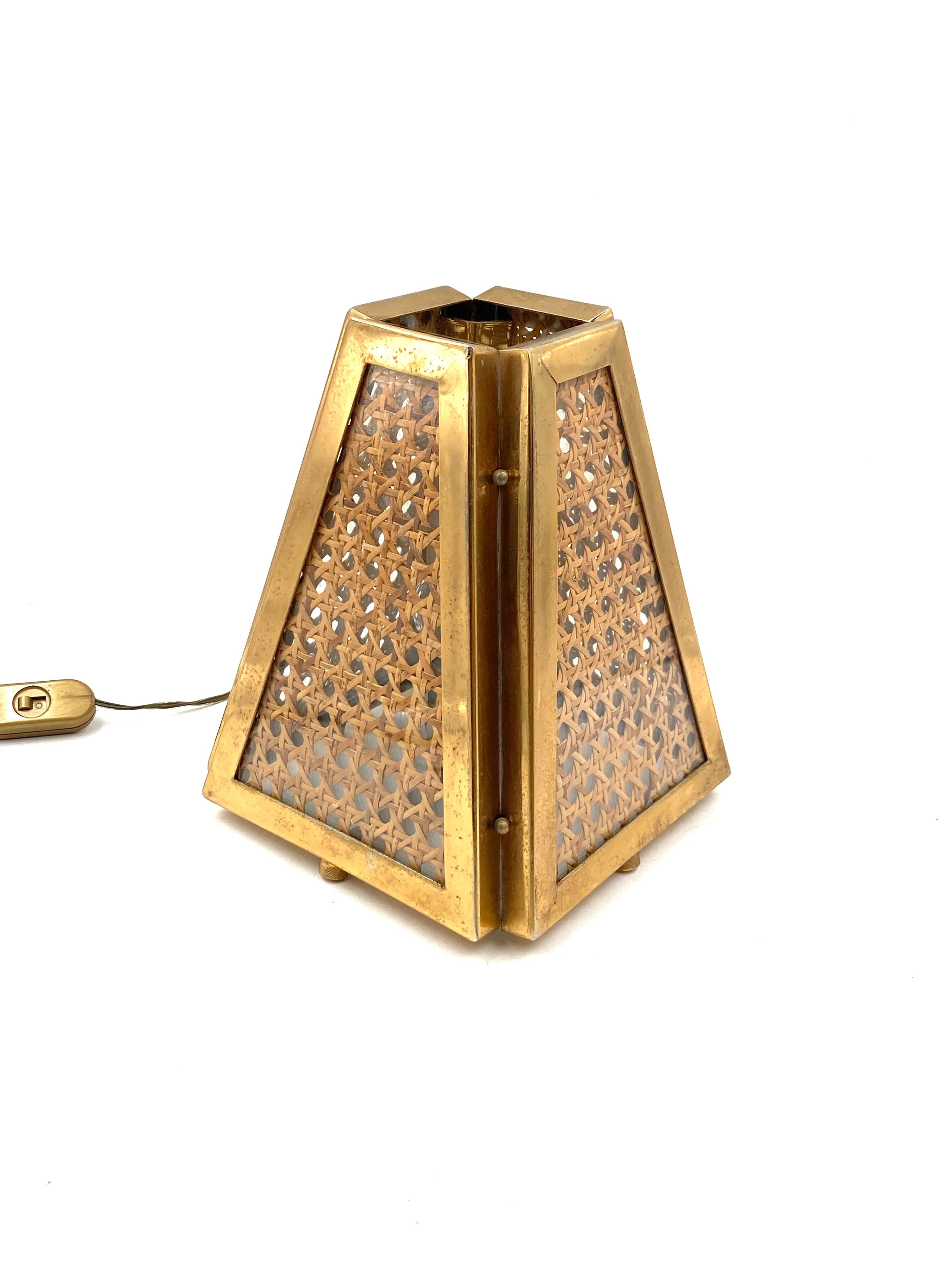 Ensemble de 2 lampes régence hollywoodiennes en laiton et paille viennoise, Italie 60's / 70's