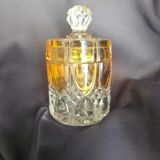Small amber and transparent crystal pot with lid from the Val Saint-Lambert Luxval Art Deco collection.