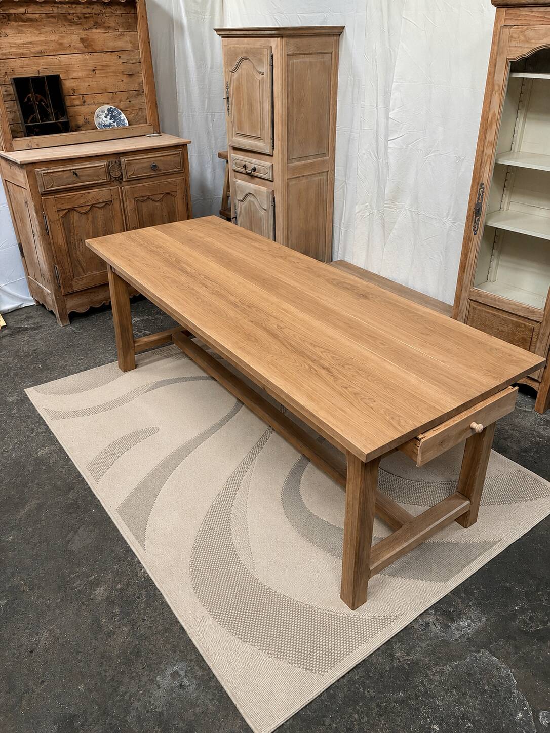 Solid oak farmhouse table with drawer