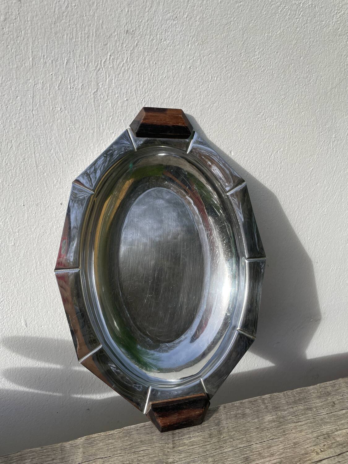 Art Deco silver-plated metal and wood dish
