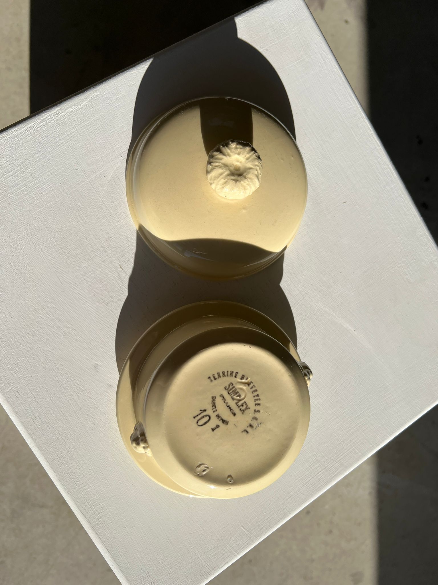 Glazed light yellow ceramic terrine