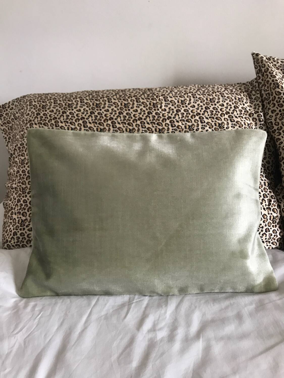 Paire de housses de coussin, velours ancien et lin verts