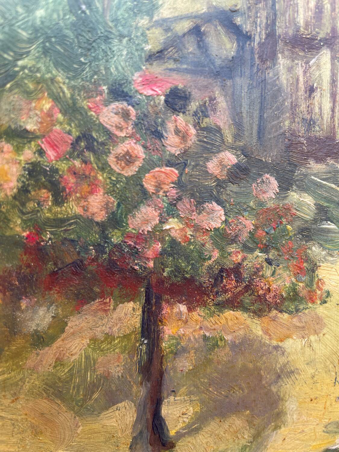 Paysage jardin à l’huile signé