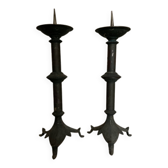 Pair of XXXL bastide candlesticks in patinated metal