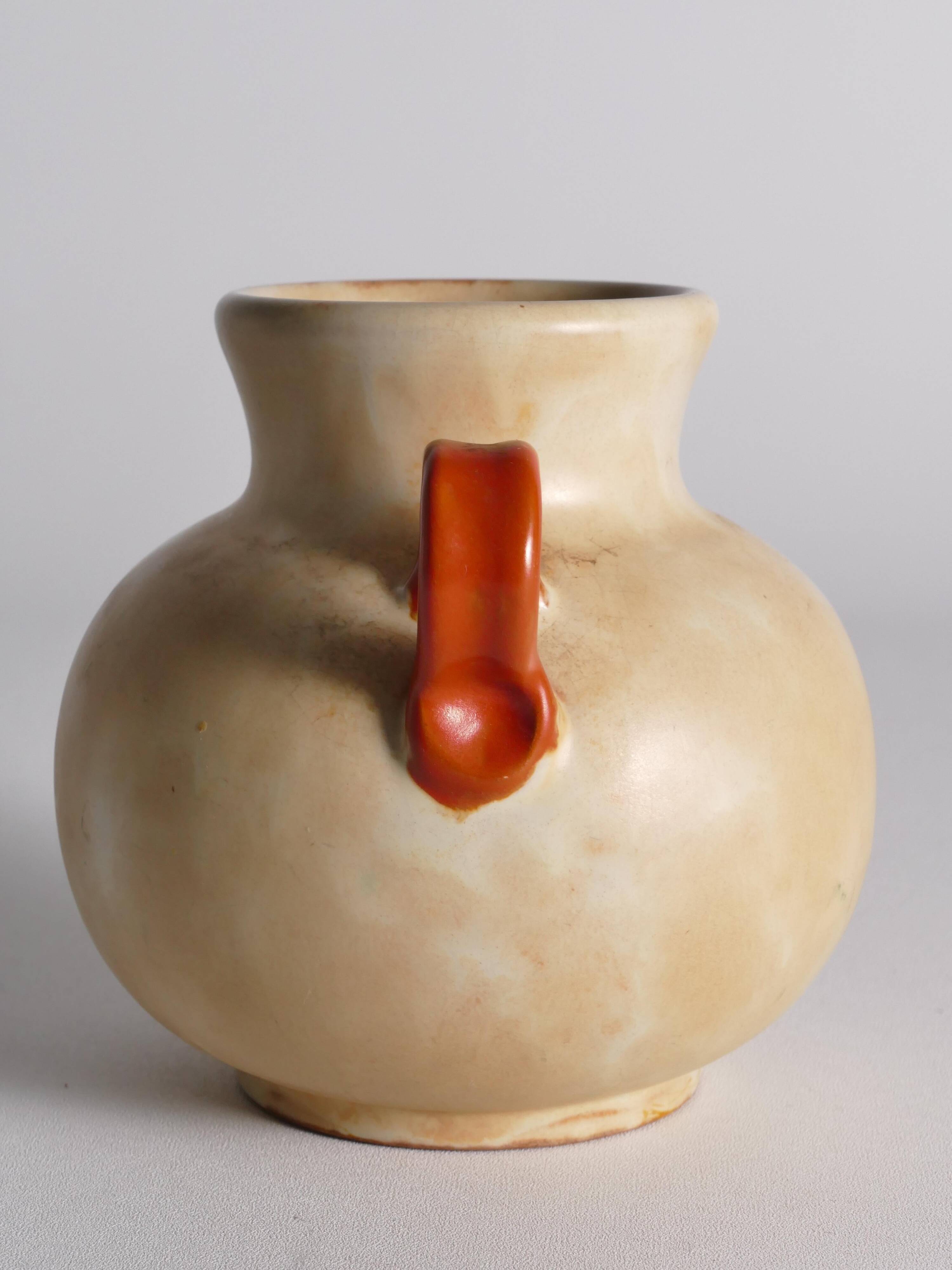 Art Deco Ceramic Beige Vase with Red Handles by Anna-Lisa Thomson, Upsala Ekeby