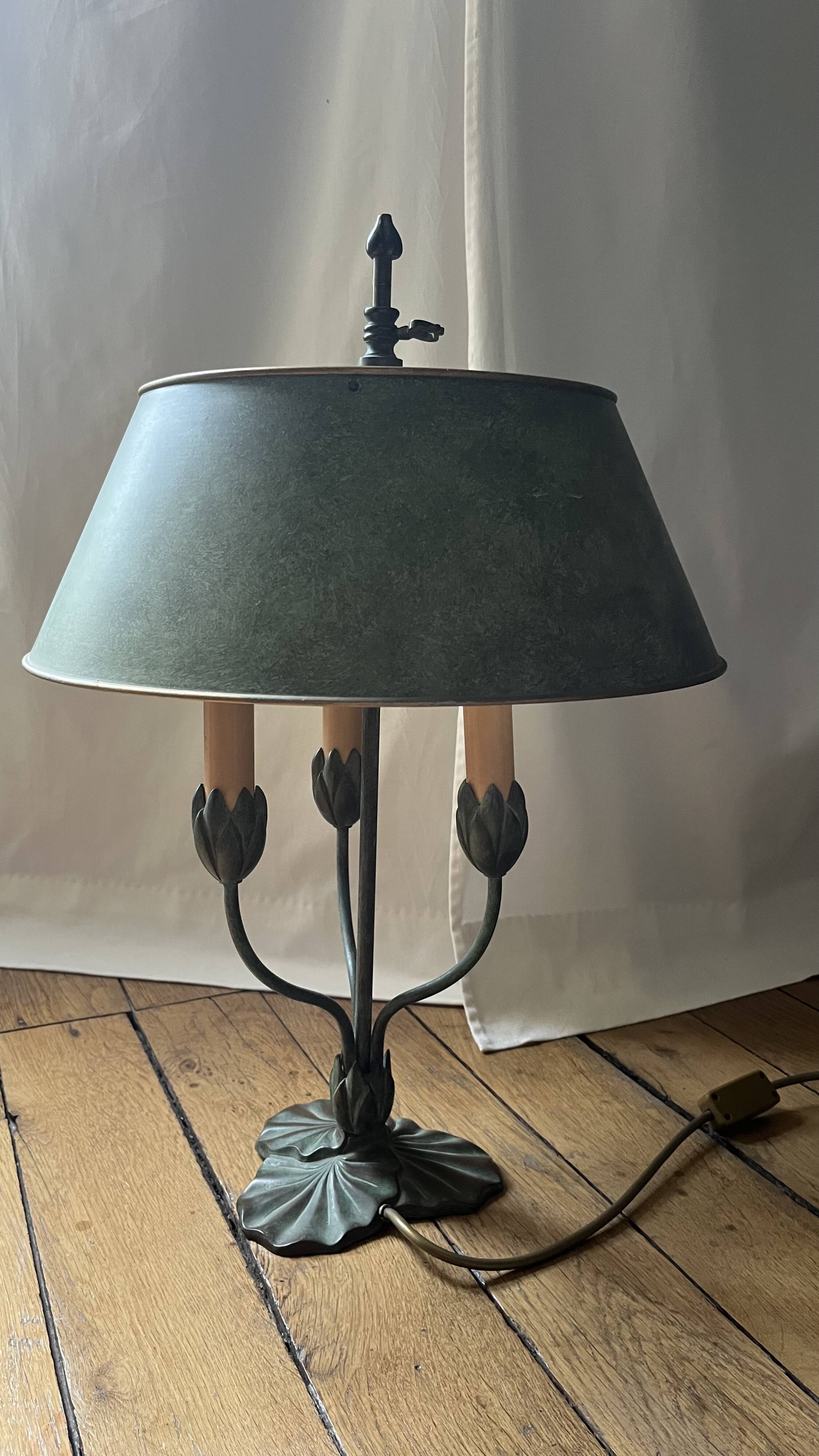 Lucien Gau tulip table lamp in patinated metal with green shade