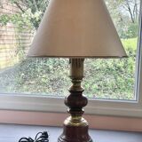 Table lamp with wooden and brass base + lampshade - Height 68 cm