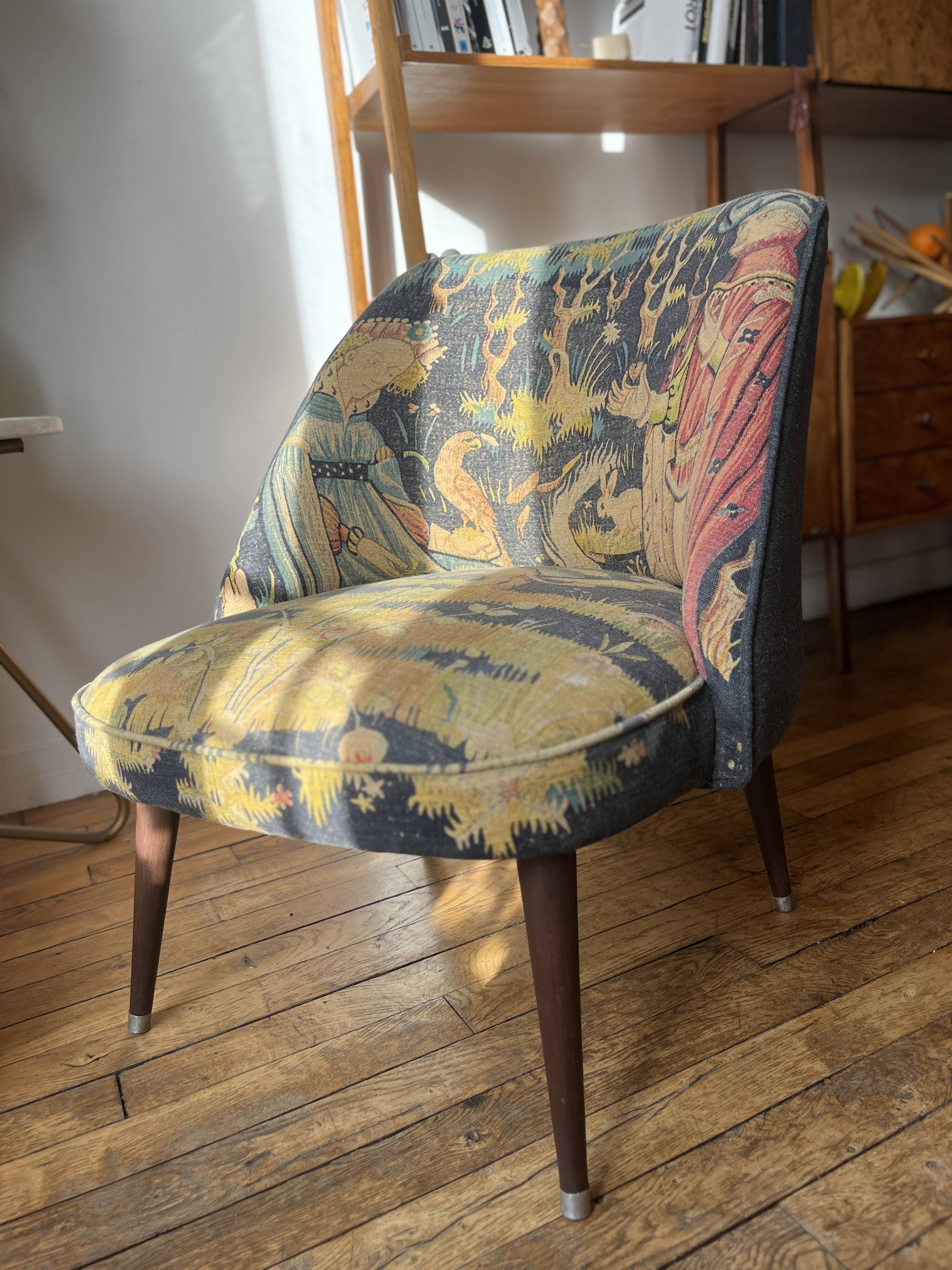 J. Tenreiro, Brazil. Concha armchair with tapered legs, Cluny tapestry 1400.