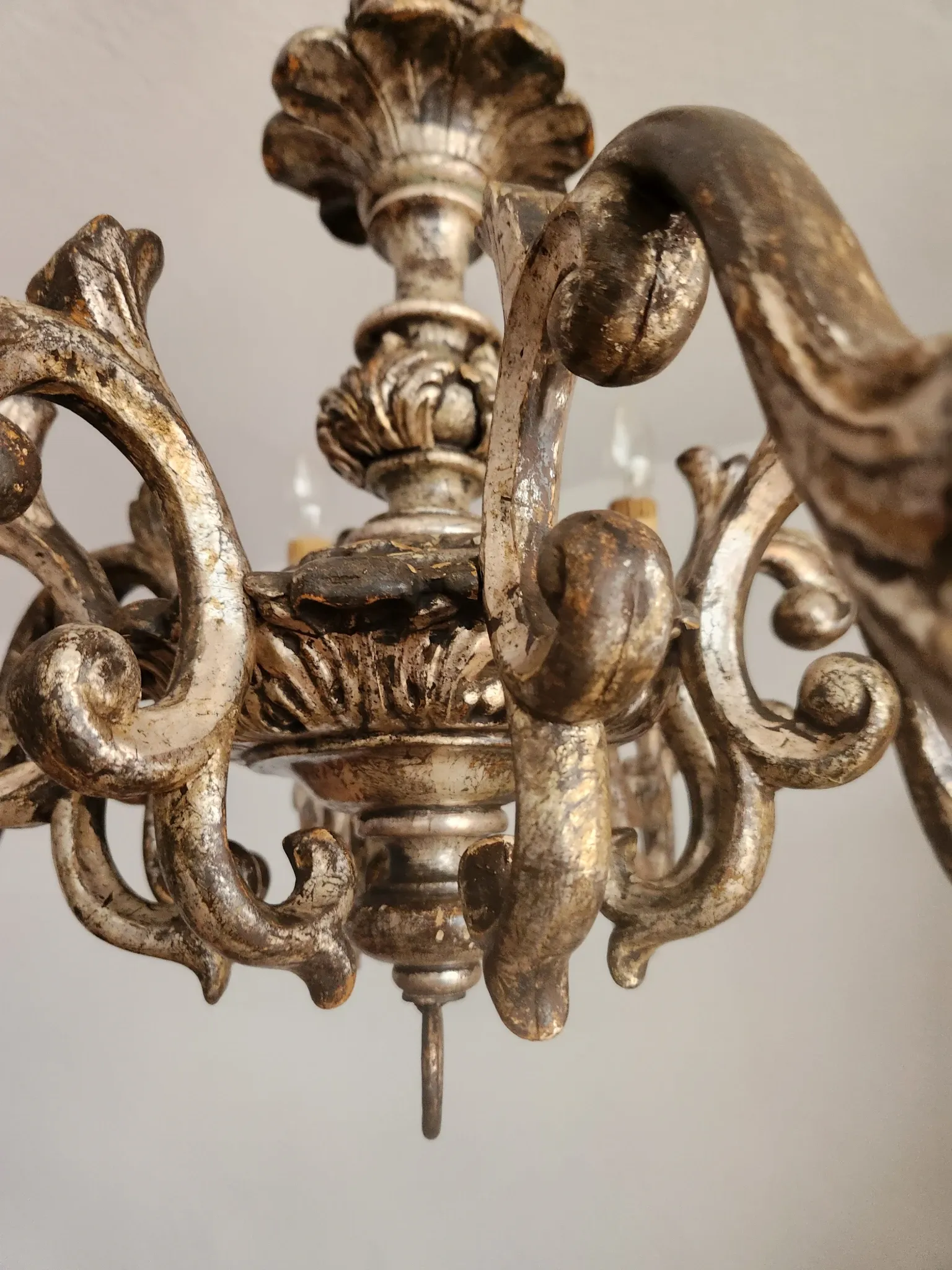 Xl Large Vintage Regency Mid Century Louis XV Baroque Rococo Hand Painted Carved Wood 8 Light Chandelier Floral, Italy, Florence 1920 1950