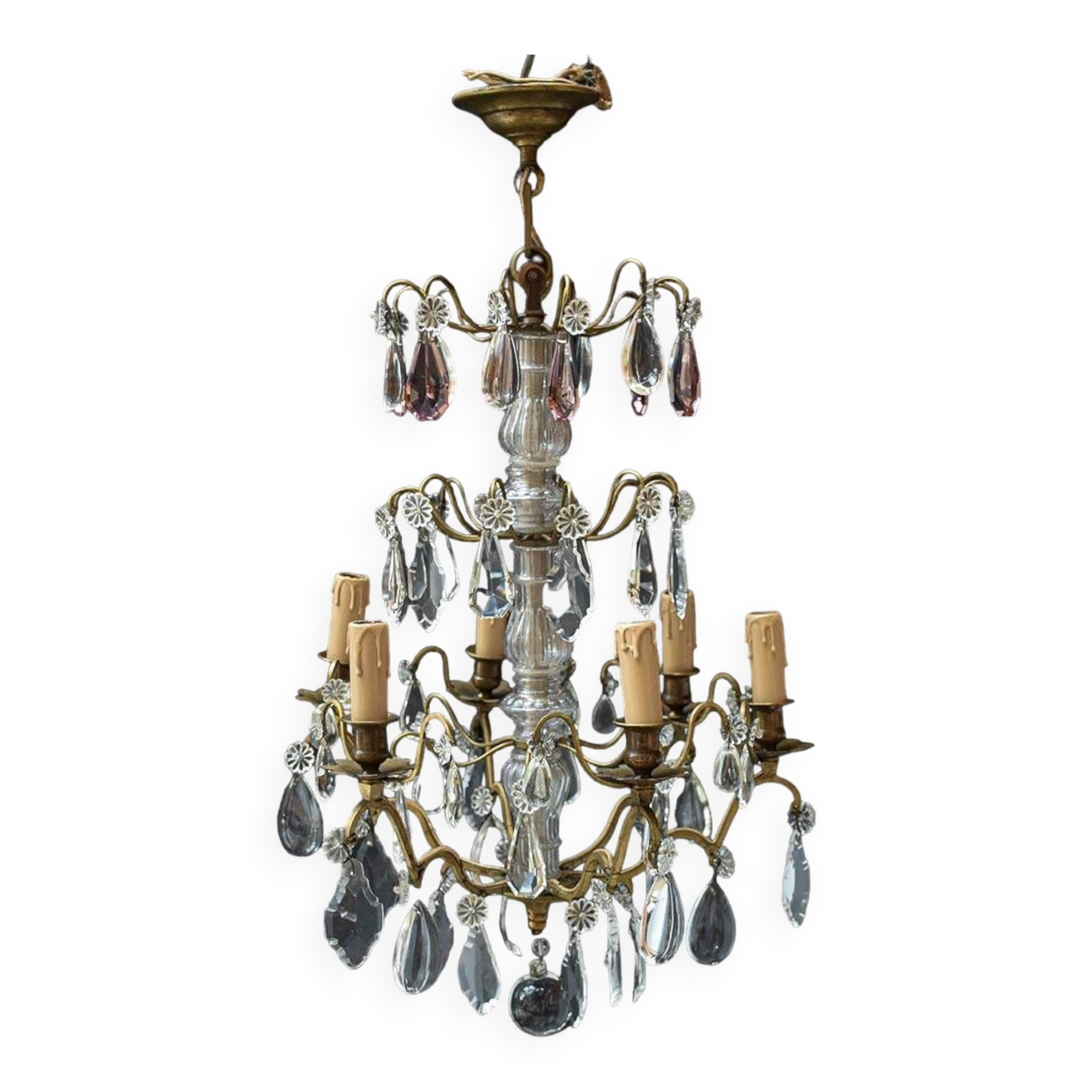 Chic lustre à pampilles bronze doré 6 feux enfilage verre ancien