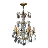 Chic lustre à pampilles bronze doré 6 feux enfilage verre ancien