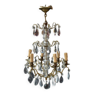 Chic lustre à pampilles bronze doré 6 feux enfilage verre ancien