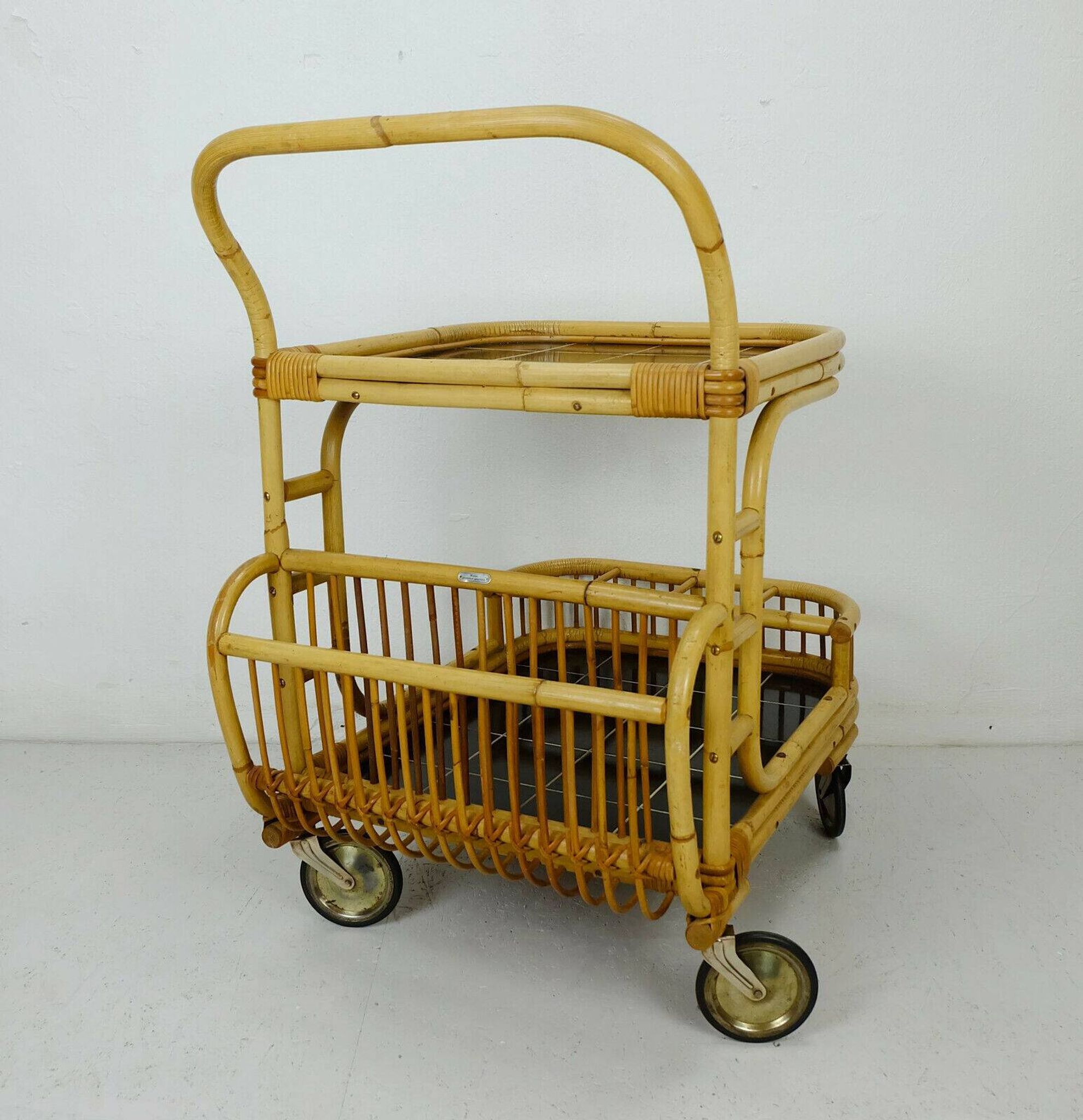 1950s mid century trolley serving cart bamboo wicker black formica