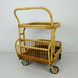 1950s mid century trolley serving cart bamboo wicker black formica