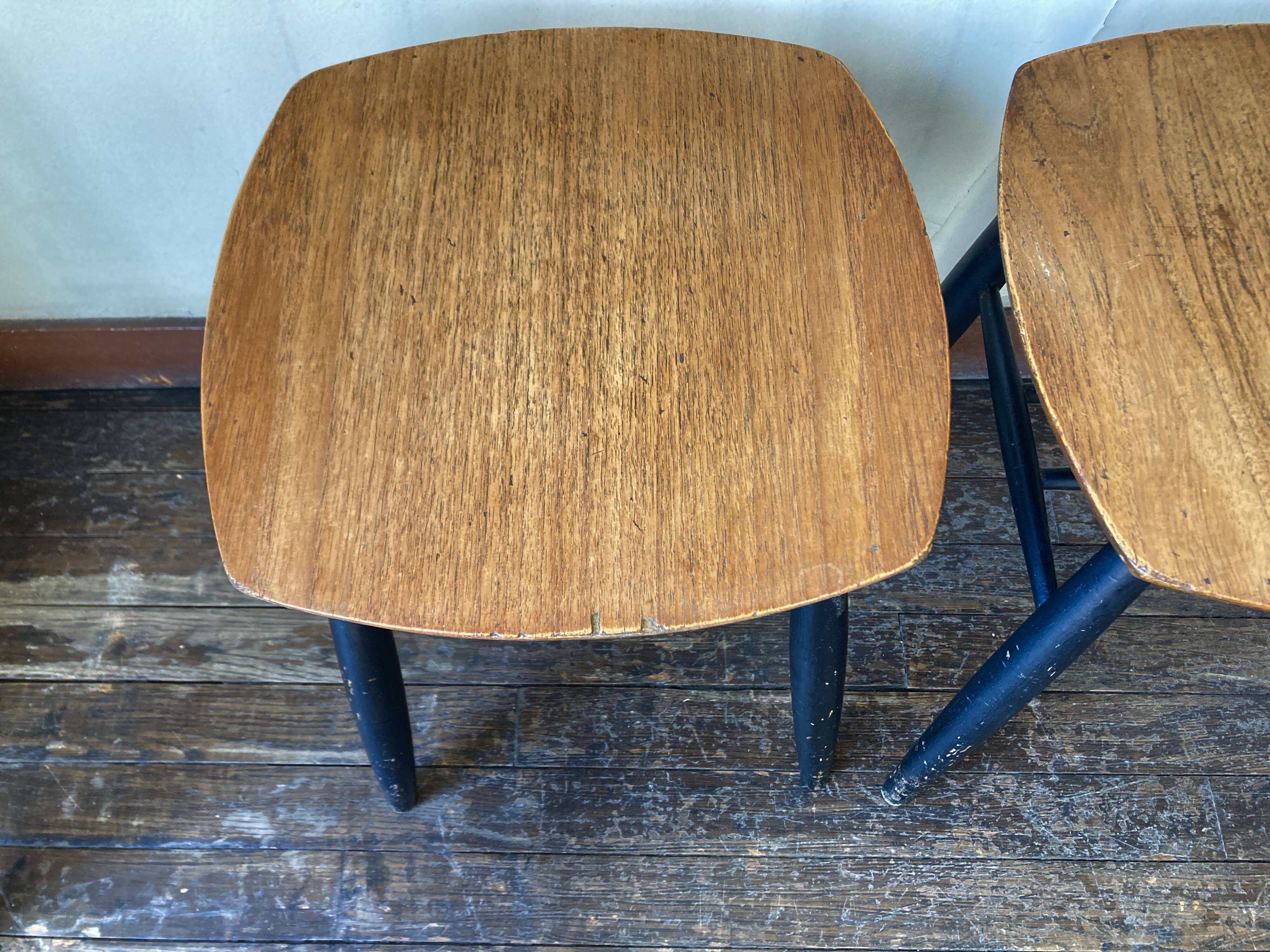 Pair of Scandinavian bedside stools in plywood and blackened wood from the 1960s.