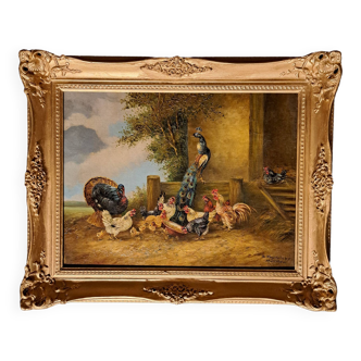 Tableau impressionniste signé bogdan kaudetzky - scène de basse-cour et ses symboles