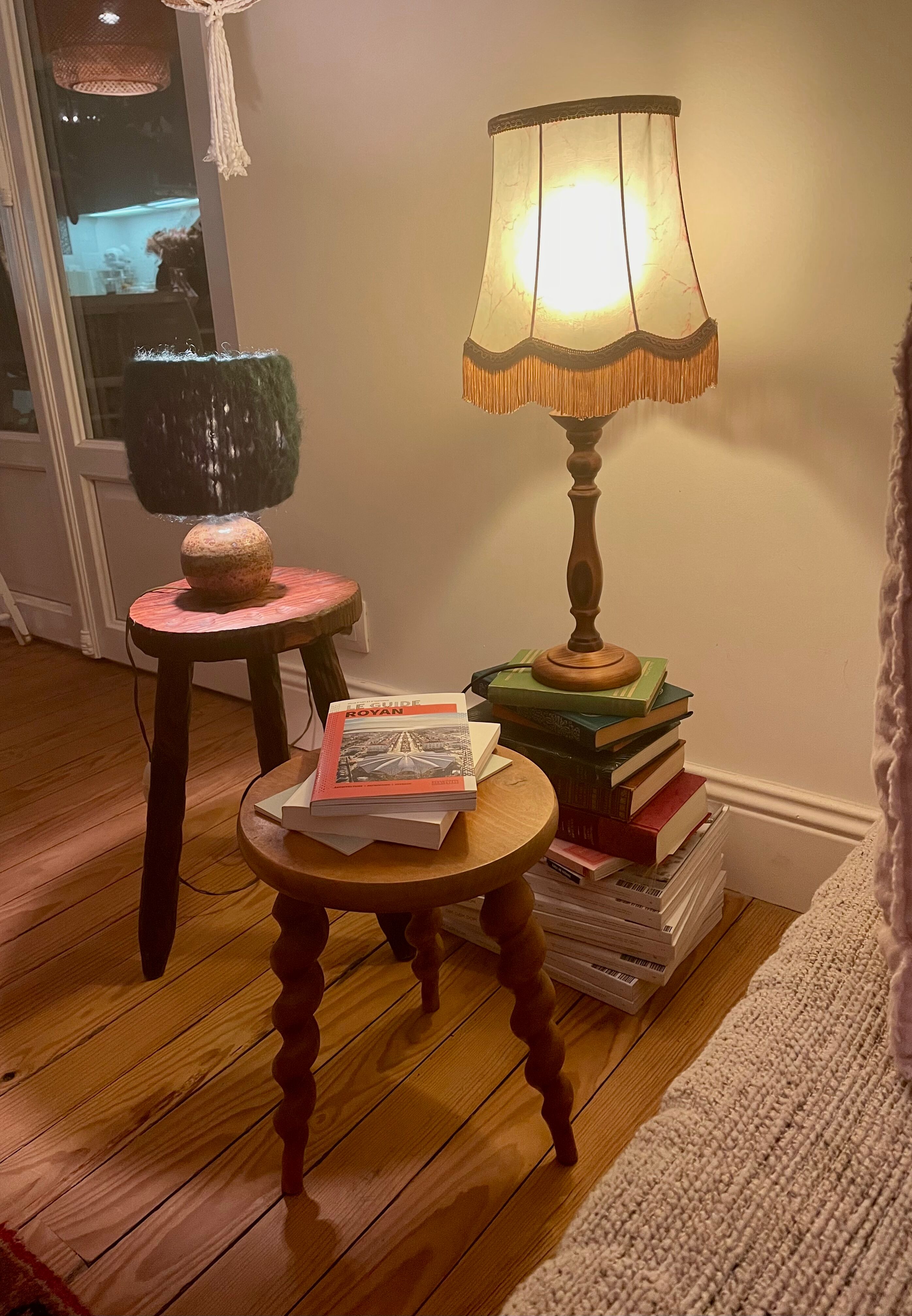 Vintage table lamp foot wood turned lampshade fringes