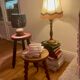 Vintage table lamp foot wood turned lampshade fringes