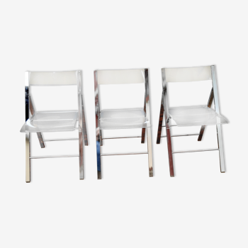 3 chaises pliantes en metal chromé et plexiglass des années 70